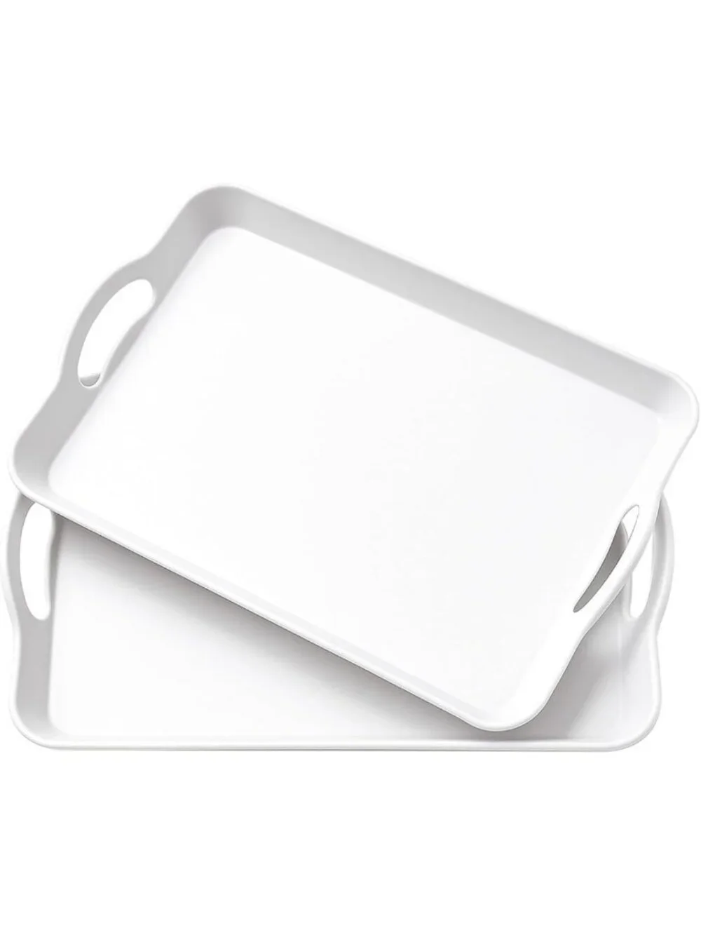 Set of 2 Large White Serving Trays with Handles - Rectangular Plastic Platters